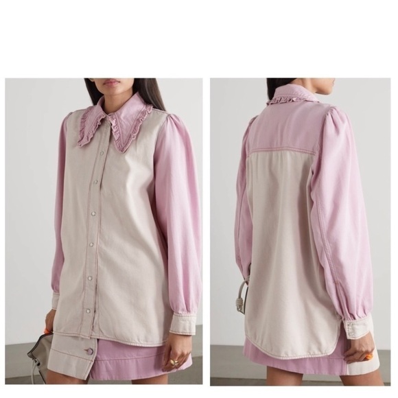Ganni Ruffled Two-Tone Lilac Lavender organic Denim Shirt Jacket Shacked BNWT - Picture 3 of 12